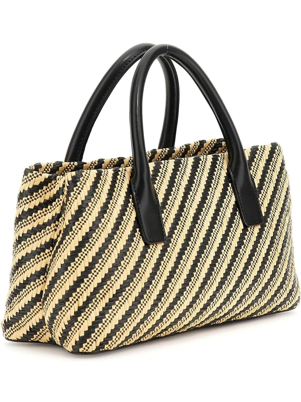 New GUESS Black and Natural Woven Satchel with Gold Charm